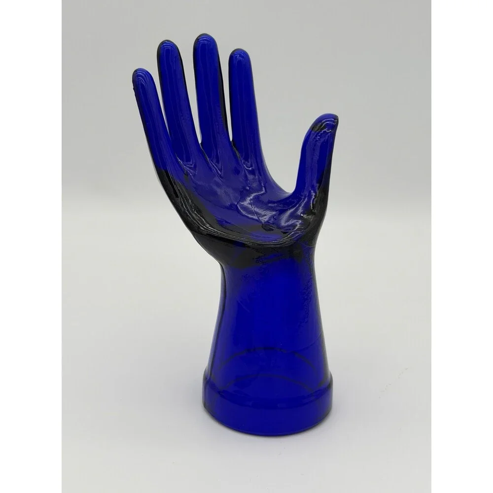 Cobalt Blue Art Glass Ring Holder Jewelry Display Hand 7.5”vintage MCM